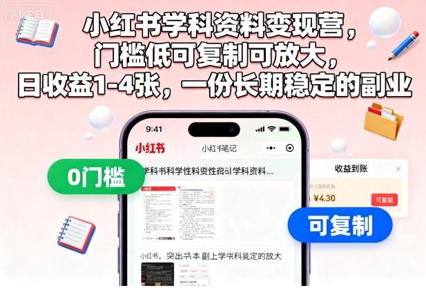 1ee124dd345f25d.jpg 小红书学科资料变现营,门槛低可复制可放大,日收益1-4张,一份长期稳定的副业