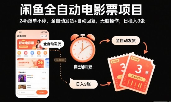 df2af9cb1e907ec.jpg 闲鱼全自动电影票项目,24h爆单不停,全自动发货+自动回复,无脑操作,日稳入3张【揭秘】