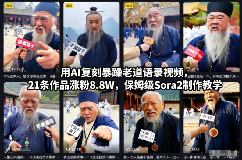 94bdd9dc63d6d49.jpg 用AI复刻暴躁老道语录视频,21条作品涨粉8.8W,保姆级Sora2制作教学