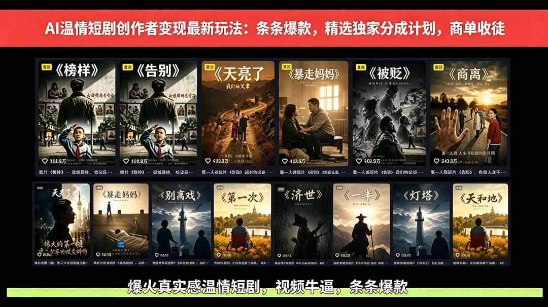 47418a3989d0606.jpg (18748期)AI温情短剧创作者变现最新玩法:视频牛逼,条条爆款,精选独家分成计划,商单收徒