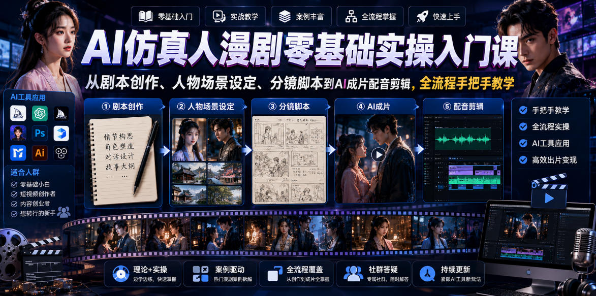 4cd1c990ffe0507.jpg AI仿真人漫剧零基础实操入门课,从剧本创作、人物场景设定、分镜脚本到AI成片配音剪辑,全流程手把手教学