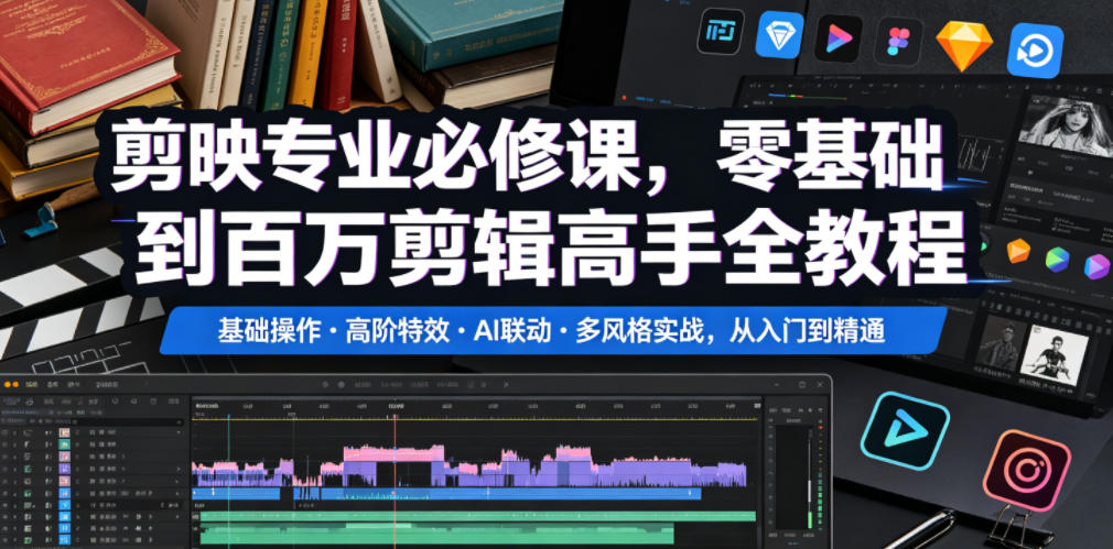 892a2d2e2854ba6.jpg 剪映专业必修课,零基础到百万剪辑高手全教程,基础操作・高阶特效・AI联动・多风格实战,从入门到精通