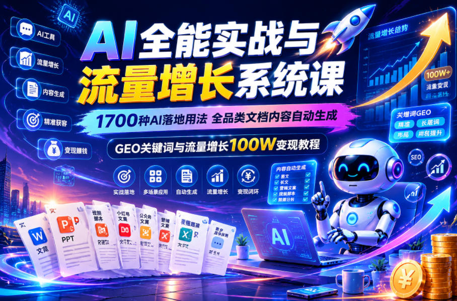 89d3d90fcdc3b72.jpg AI全能实战与流量增长系统课,1700种AI落地用法,全品类文档内容自动生成,GEO关键词与流量增长100W变现教程