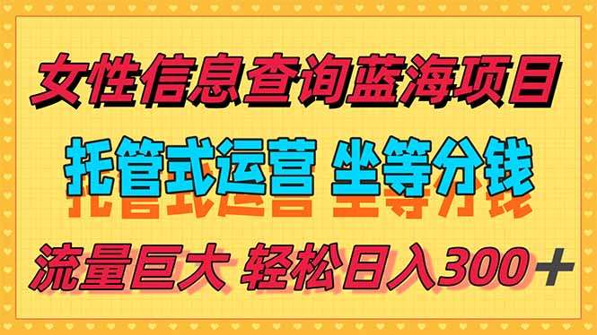 （15216期）稳定日入300＋，小众女性信息查询蓝海项目，全程懒人式托管，解放你的…