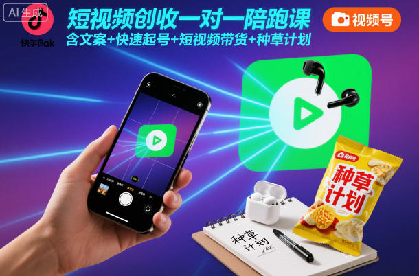 短视频创收一对一陪跑课，含文案+快速起号+短视频带货+种草计划