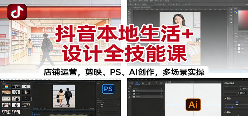 抖音本地生活+设计全技能课：店铺运营，剪映、PS、AI创作，多场景实操