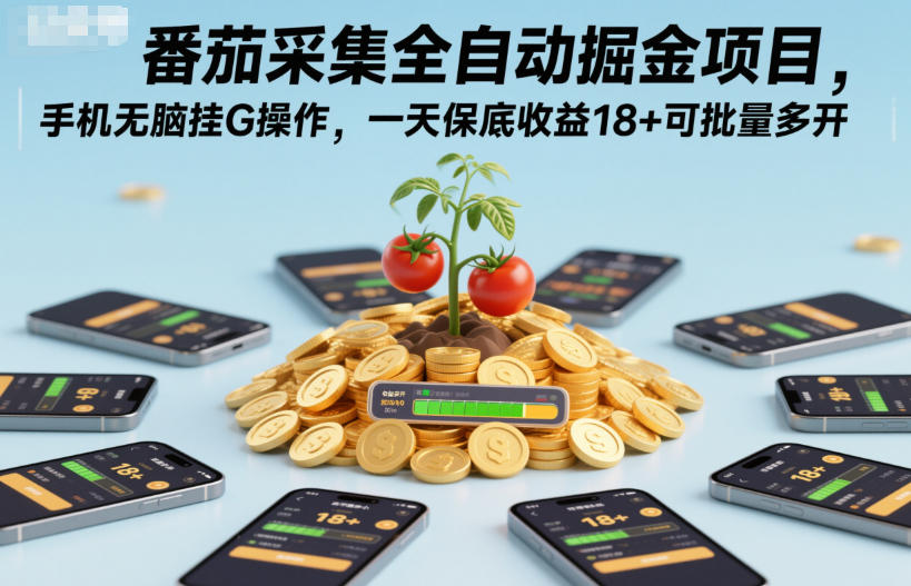 番茄采集全自动掘金项目，手机无脑挂G操作，一天保底收益18+可批量多开【揭秘】