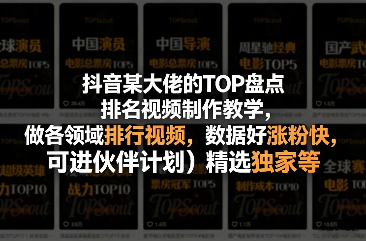 抖音某大佬的TOP盘点排名视频制作，做各领域排行视频，数据好涨粉快，可进伙伴计划＋精选独家等